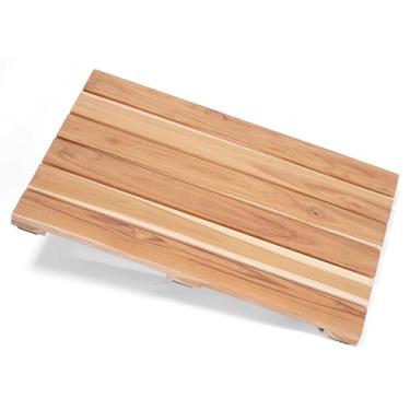 Imagem de AN68 Tapete de chuveiro de madeira 33 × 50 cm - Tapete de banho de madeira de teca maciça, pés antiderrapantes, design de ripas de drenagem rápida - Spa, banheiro e uso ao ar livre
