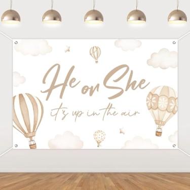 Imagem de Fangleland Boho, balão de ar quente, decoração de revelação de gênero, pano de fundo para fotografia temática boho de 1,5 x 0,9 m, para revelar gênero, artigos de festa para chá de bebê