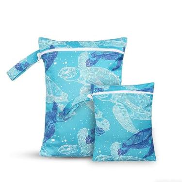 Imagem de 2 bolsos com zíper para viagens, praia, natação, academia, ioga, maiôs (tartaruga azul)