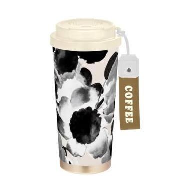 Imagem de TSENQUE Copo de café floral em aquarela preto e branco, 473 ml com canudo e tampa, copo de parede dupla isolado a vácuo com revestimento cerâmico para escola, escritório, festa, acampamento