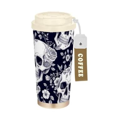 Imagem de TSENQUE Caneca de café de viagem 16+ Oz, caneca de café com revestimento cerâmico copo com tampa e palha, copo isolado a vácuo de aço inoxidável, crânios, rosas, flores, branco, preto