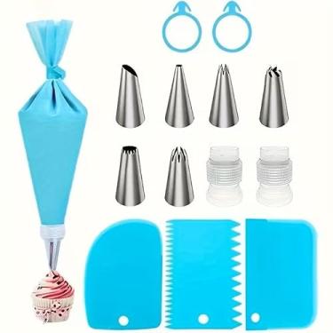 Imagem de Conjunto de 14 sacos de confeitar e pontas, kit de confeitar para assar com 6 pontas de cobertura de aço inoxidável, 1 saco de confeitar reutilizável, 2 acopladores, 3 raspadores e 2 anéis de silicone