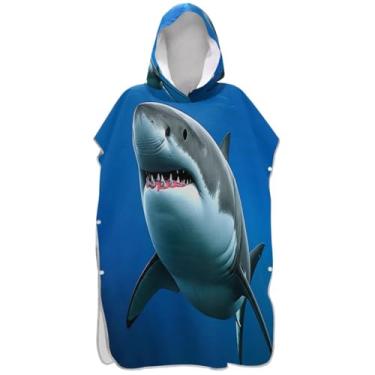 Imagem de Joisal Roupão de mudança legal de desenho animado branco tubarão azul para adultos, poncho de surfe, com capuz, ponchos de praia leves para homens