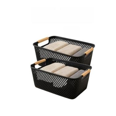 Imagem de Cesto Organizador Telado Plástico Multiuso com Alças para Cozinha Banheiro e Lavanderia(2 Cesto PRETO 27cm)