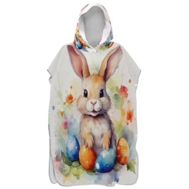 Imagem de Joisal Poncho de surf para adultos trocador com capuz toalha de banho vestível ponchos de praia para homens coelhinho da Páscoa ovos aquarela