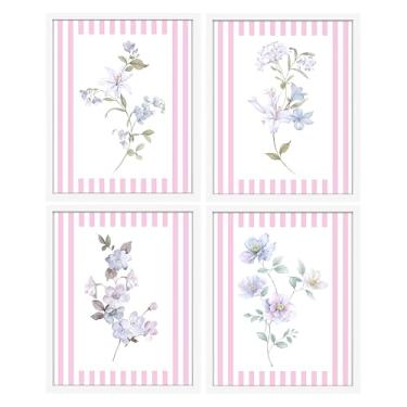 Imagem de AIOAIFUT 4 peças de arte de parede floral em aquarela, rosa branco listrado e flores pastel decoração de parede, 20 x 25 impressões florais sem moldura