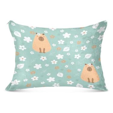 Imagem de Capa de almofada padrão de flores capivara engraçadas porquinho-da-índia com zíper 50 x 66 cm