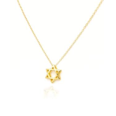 Imagem de Colar feminino Made in Israel banhado a ouro 14 quilates com estrela de Davi inox, pingente de símbolo judaico de Israel, elegante hebraico com zircônia cúbica delicada, joia judaica religiosa, 16