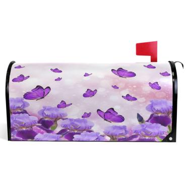 Imagem de TSENQUE Capas magnéticas decorativas para caixa de correio de outono, caixa de correio, vinil, quinta, decorações para exteriores, estética, roxa, borboletas, tamanho padrão, 52,6 x 45,8 cm