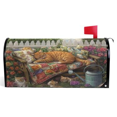 Imagem de TSENQUE Capas de caixa de correio de outono magnéticas sazonais para outono envoltório de caixa de correio em vinil decorações modernas gato descansando flores tamanho padrão 52,6 x 45,8 cm