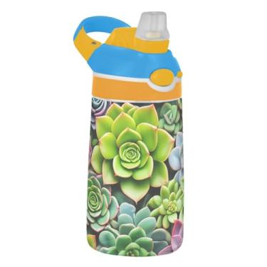 Imagem de Succulent Plants Garrafa de água verde colorida infantil 473 ml Tritan reutilizável esportiva garrafa de água com tampa de canudo 473 ml copo infantil portátil à prova de vazamento, alça de transporte