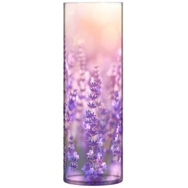 Imagem de Vaso cilíndrico de plástico bonito com flores roxas de campo de lavanda buquê de flores para quarto de decoração estética, 30 cm x 9,9 cm