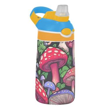 Imagem de Garrafa de água infantil com cogumelos vermelhos roxos para escola, 473 ml, 473 ml, garrafa de água esportiva Tritan com canudo, copo de viagem infantil à prova de vazamento, reutilizável, alça de