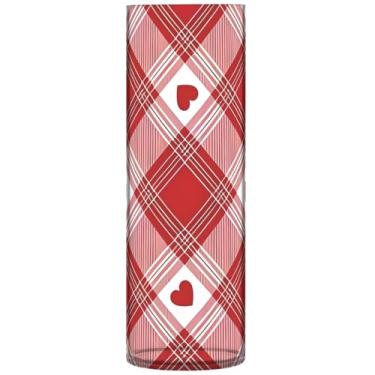 Imagem de Vaso de flores de cilindro vermelho xadrez coração tartan decorativo grande vaso de plástico personalizado floral decoração de casa estética, 30 cm x 9,9 cm