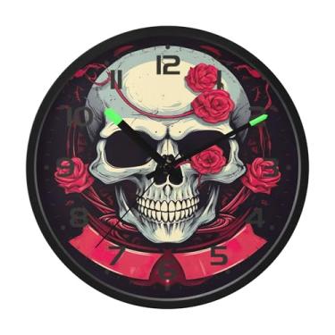 Imagem de SEHANY Relógio artístico de parede de caveira silencioso, sem tique-taque, relógio redondo operado por bateria, controle de som, luz noturna, relógios de parede para sala de estar, cozinha, quarto