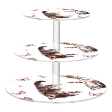 Imagem de Gatos fofos, borboletas, branco, 3 camadas, suporte de cupcake para festa, exibição de acrílico, torre de cupcake, suporte de bolo para festa, sobremesa, casamento