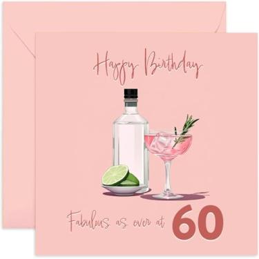 Imagem de Old English Co. Pink Gin Fabulous Cartão de aniversário de 60 anos para mulheres - Cartão de sexagésimo aniversário para ela - Cartão de aniversário de idade especial para vovó, irmã, mãe - bebida