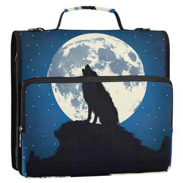 Imagem de Organizador de fichário com zíper, lobo uivando, lua, noite, 3 anéis, 3 argolas, resistente, fofo, bolsa para fichário do ensino médio com alça para armazenamento e pasta com alça