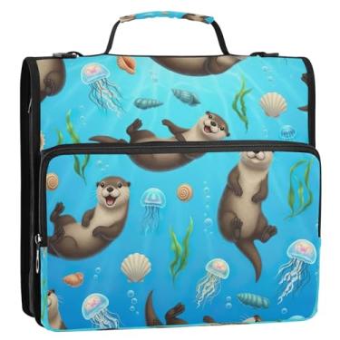 Imagem de Playful Otters Bolsa de fichário com 3 anéis azul oceano com alça, pasta organizadora com zíper para escola, trabalho, viagem, serve para 500 folhas, estojo de armazenamento de arquivos com vários