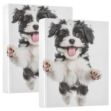 Imagem de Fichário Happy Black White Havanese Puppy com 3 anéis de 3 cm comporta 200 folhas, pastas de portfólio floral, anel redondo, fichário resistente, 31,5 x 27 x 6 cm, pacote com 2