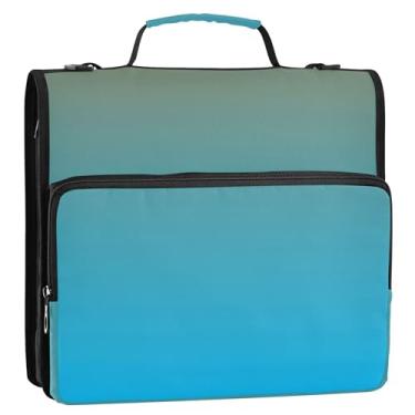 Imagem de Fichário de 3 anéis gradiente azul celeste verde 3,8 cm anel D organizador de fichário escolar com alça de ombro, vários bolsos, pasta grande para portfólio