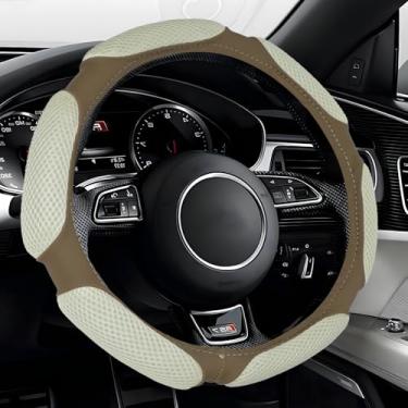 Imagem de Ongfuwu Capa de volante de carro, protetor de couro antiderrapante universal para 38 cm, com almofada de mão macia, respirável e confortável, acessórios internos para carros (bege)