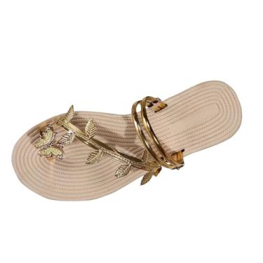 Imagem de Chinelos femininos modernos casuais com bico de clipe e sola grossa para praia, verão, primavera, confortável, lazer ao ar livre, Dourado, 38