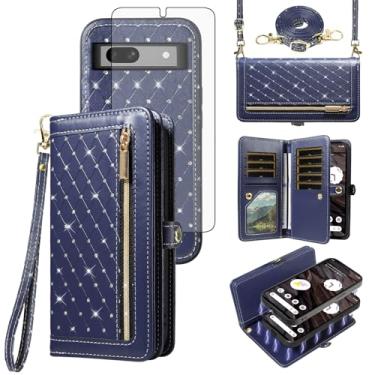 Imagem de Asuwish Capa de celular para Google Pixel 7A 5G 2023 com zíper carteira magnética destacável película protetora de tela de vidro temperado alça transversal Bling Flip suporte para cartão de crédito