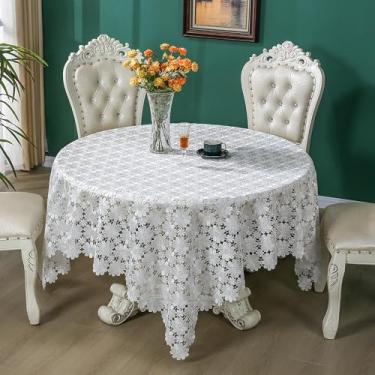 Imagem de ZHUIDUSI Toalha de mesa de renda feita de tecido bordado, macramê, cozinha, toalha de mesa de jantar, para primavera, férias ao ar livre (branca, 152 x 152 cm, adequada para mesa redonda e quadrada)
