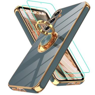 Imagem de Gritup Capa para Samsung Galaxy S23 FE | 2 peças protetoras de tela | Suporte magnético de rotação de 360°, capa protetora à prova de choque de TPU macio com borda dourada banhada a ouro para S23 FE
