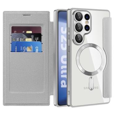 Imagem de Asdsinfor Capa flip para Samsung S24 ultra transparente capa de couro galvanizada resistente 360 proteção sem fio carregamento anti-derrapante slot para cartão capa carteira para Samsung Galaxy S24