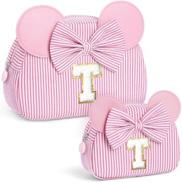 Imagem de QLOVEA Presentes de Natal para netos, bolsa de cosméticos inicial, bolsa de maquiagem de viagem, presentes de aniversário personalizados para crianças, rosa