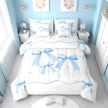Imagem de Erosebridal Conjunto de edredom completo com laço azul claro com lençol para meninas | Jogo de cama com laço de fita de coquete, 7 peças, para crianças, mulheres, lençol de cima com elástico e gravata