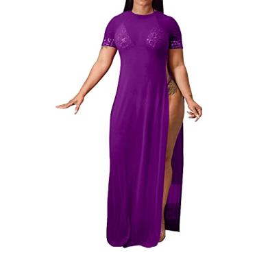 Imagem de Saída de praia sexy feminina casual transparente de malha de crochê vestido de verão, Roxos, M