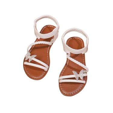 Imagem de GORGLITTER Sandálias femininas elegantes de couro, borboleta, trançadas, strass, purpurina, verão, praia, tira no tornozelo, sandálias rasteiras, Bege, 13.5 Big Kid