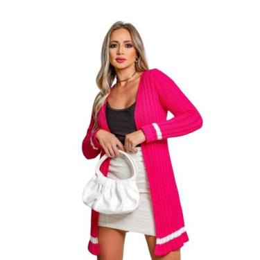 Imagem de Cardigan Longo Feminino Acinturado em Tricot  Rosa e Marrom Telha, Ele