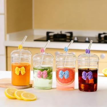 Imagem de Copo de vidro com tampa e canudo de laço – Copo de bebida transparente estético de grande capacidade para suco, café e chá – Utensílios de bebida reutilizáveis fofos para casa, festas e presentes