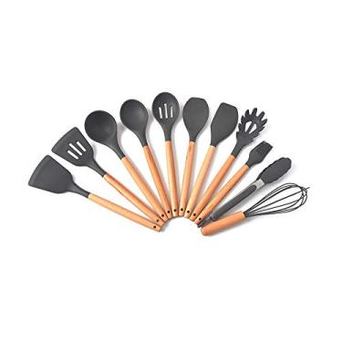 Imagem de U5GAAALPPQ9 Utensílios de cozimento de silicone para cozinha cabos de madeira antiaderentes ferramenta de cozinha pá colher raspador escova espátula batedor virador (cor: preto)
