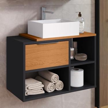 Imagem de Gabinete de Banheiro Suspenso 60cm – Com Porta Basculante, Armário Organizador Resistente à Umidade para Higiene e Cosméticos Doméstico (preto/nature)