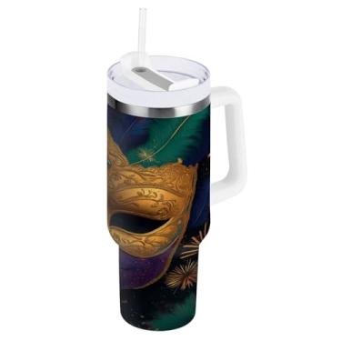 Imagem de Blueangle Copo isolado de máscara colorida Mardi Gras de 1,134 g com alça e tampa de palha, caneca de viagem reutilizável de aço inoxidável (170)