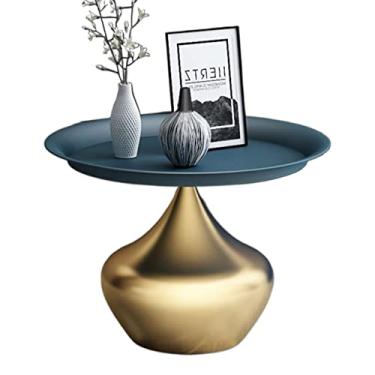 Imagem de Mesa lateral redonda moderna de 59,9 cm, mesa de canto de metal resistente para sala de estar, cabeceira, mesa de centro moderna para espaços pequenos, mesa de cabeceira de metal simples (azul + ouro)