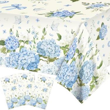 Imagem de 3 peças de toalhas de mesa de hortênsia floral azul decoração primavera verão toalha de mesa descartável borboleta de plástico para casa, cozinha, jantar, chá, festa, aniversário, chá de bebê, artigos