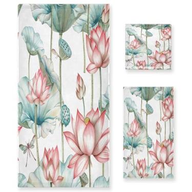 Imagem de xigua Conjunto de toalhas de banheiro de lótus aquarela absorvente macio 3 peças toalha de banho toalha de mão toalhas decorativas para banheiro, academia, hotel, praia, piscina