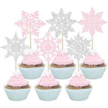Imagem de Gyufise 36Pcs Snowflake Cupcake Toppers Glitter Frozen Cupcake Picks Snowflake Cake Decorations for Winter Wonderland Frozen Theme Baby Shower Birthday Christmas Party Supplies Light Pink Silver