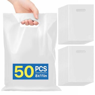 Imagem de ANZNKU 50 peças de sacolas brancas de lembrancinhas de festa de 20 x 28 cm, bolsa de presente para artesanato, sacolas de presente de plástico com alças cortadas para aniversário, eventos escolares e