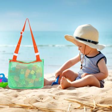 Imagem de Bolsa de praia de malha, bolsa de concha com alças ajustáveis para segurar conchas, brinquedos de praia, brinquedos de areia, acessórios de natação para meninos e meninas