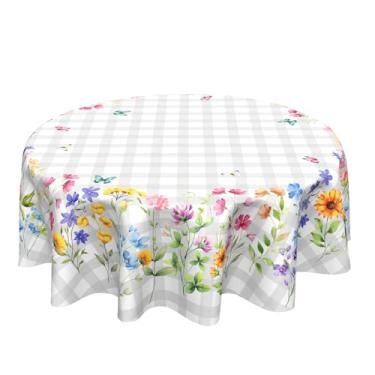 Imagem de Sweetshow Toalha de mesa floral colorida de primavera, redonda, branca, cinza, xadrez, borboletas, flores silvestres, decoração de 152 cm, lavável com manchas e rugas, capa de mesa redonda de verão