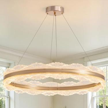 Imagem de Lustre dourado de 80 cm, lustres de LED reguláveis com controle remoto, lustres redondos ajustáveis luzes suspensas de teto luxuosas para sala de jantar, sala de estar