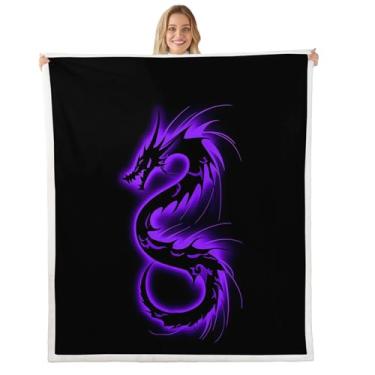 Imagem de Feelyou Cobertor de lã de ovelha dragão para sofá roxo super macio aconchegante cobertor de dragão mágico para o inverno, manta de pelúcia vida selvagem 101,6 cm x 127 cm todas as estações