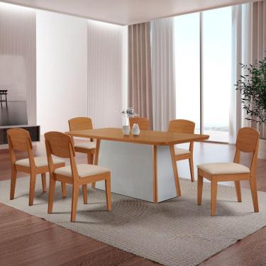Imagem de Mesa De Jantar Diane 180cm Tampo Mdf Canto Copo E 6 Cadeiras Veludo Creme/naturale/off White
